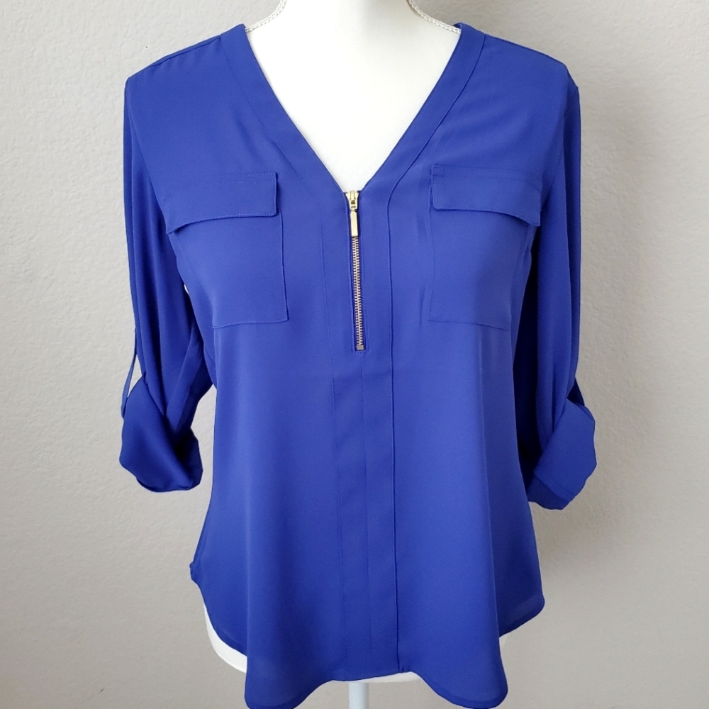 Express Portofino Shirt NWT Royal Blue Zip V-Neck Roll Sleeve Blouse Top Size S
